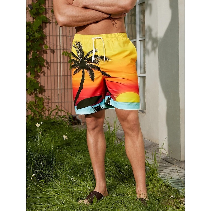 Men's Graphic Coconut Tree Swimming Trunks Board Shorts Swim Shorts Mid Waist Streetwear Hawaiian Boho Casual Daily Holiday Drawstring Elastic Waist 3D Print Designer Clothing Apparel