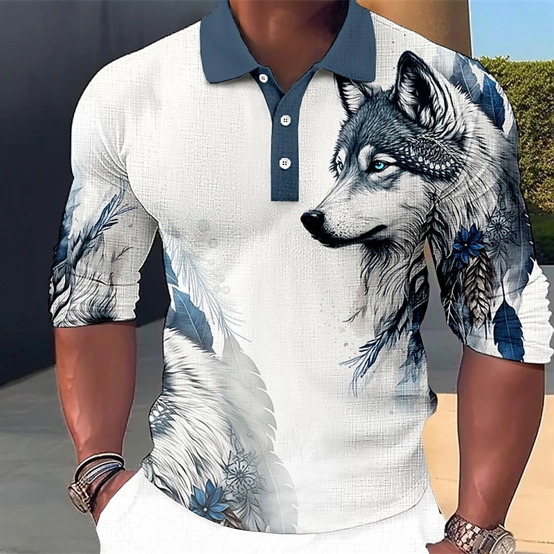 Men's Wolf Polo Shirts Golf Shirt Long Sleeve Polo Shirts Collared Shirts Casual Funny Streetwear Vacation Wear Party Outfits Buttons 3D Print Blue-Green Red Blue