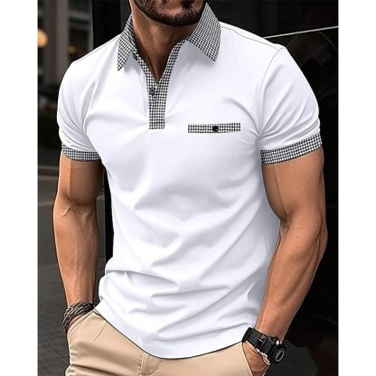 Men's Golf Shirt Golf Polo Work Casual Lapel Short Sleeve Basic Modern Color Block Houndstooth Patchwork Spring & Summer Regular Fit Black White Red Navy Blue Blue Beige Golf Shirt