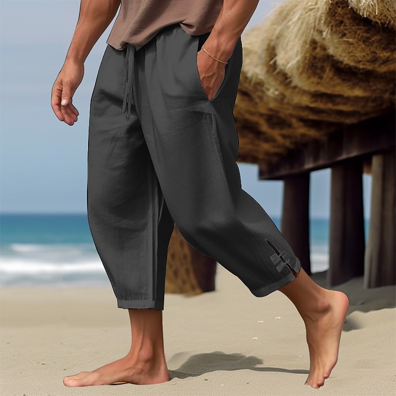 Men's Linen Pants Summer Pants Cropped Pants Beach Pants Drawstring Elastic Waist Plain Comfort Breathable Calf-Length Casual Daily Holiday Fashion Classic Style Black White
