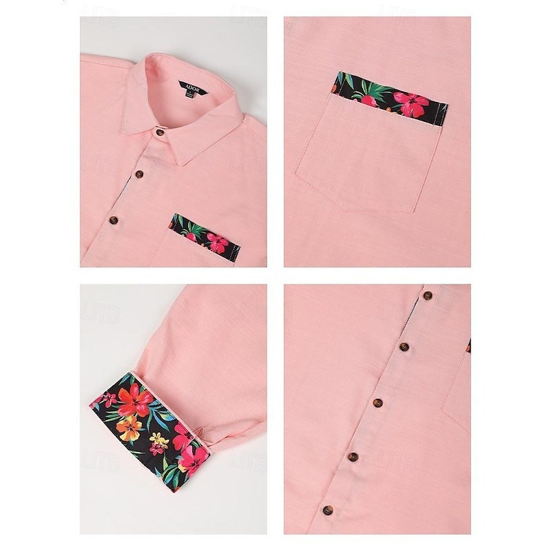 Men's Shirt Linen Shirt Summer Shirt Beach Wear Button Up Shirt Floral Vacation Curise Black White Pink Blue Long Sleeve Lapel Spring & Fall Clothing Apparel Splice