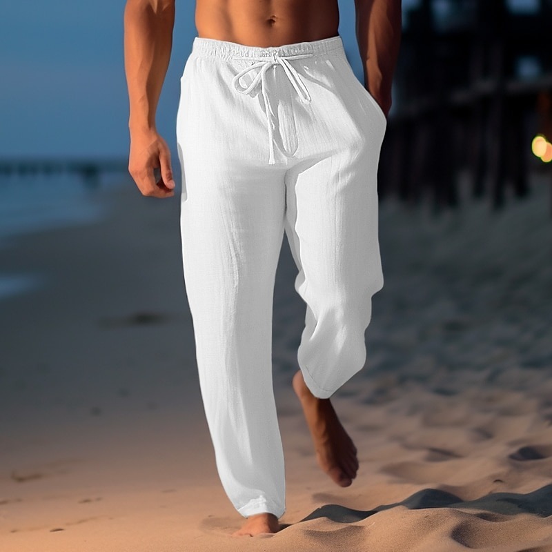 Men's Linen Pants Trousers Summer Pants Beach Pants Drawstring Elastic Waist Straight Leg Plain Comfort Breathable Casual Daily Holiday Fashion Classic Style Light Khaki Black