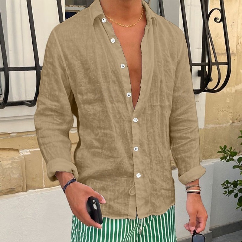 Men's Shirt Linen Shirt Summer Shirt Beach Shirt Plain Casual Daily Black White Pink Royal Blue Long Sleeve Lapel Spring & Summer Clothing Apparel