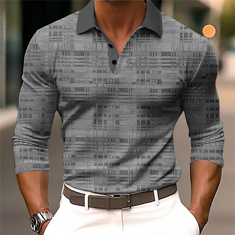 Plaid Geometry Casual Men's 3D Print Golf Polo Outdoor Casual Daily Streetwear Long Sleeve Turndown Polo Shirts Green Gray Fall & Winter S M L Micro-elastic Lapel Polo
