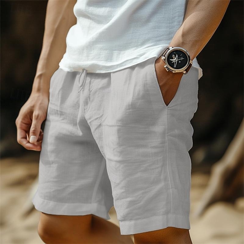 Men's Shorts Linen Shorts Summer Shorts Pocket Drawstring Elastic Waist Plain Comfort Breathable Short Casual Daily Holiday Fashion Classic Style Black White