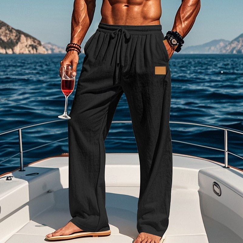Men's Linen Pants Trousers Summer Pants Beach Pants Drawstring Elastic Waist Straight Leg Plain Comfort Breathable Full Length Outdoor Holiday Beach Vacation Fashion Black White