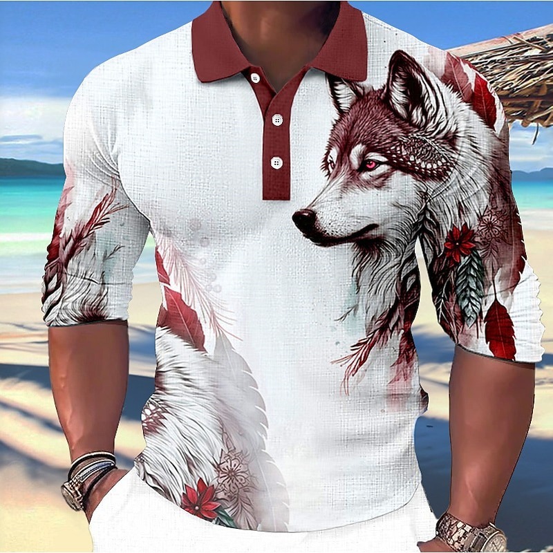 Men's Wolf Polo Shirts Golf Shirt Long Sleeve Polo Shirts Collared Shirts Casual Funny Streetwear Vacation Wear Party Outfits Buttons 3D Print Blue-Green Red Blue