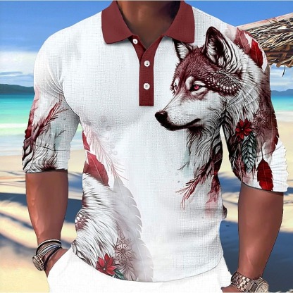 Men's Wolf Polo Shirts Golf Shirt Long Sleeve Polo Shirts Collared Shirts Casual Funny Streetwear Vacation Wear Party Outfits Buttons 3D Print Blue-Green Red Blue