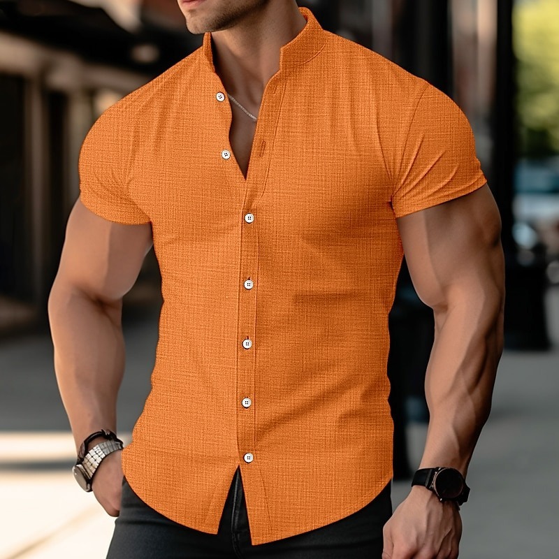 Men's Shirt Linen Shirt Band Collar Shirt Summer Shirt Beach Wear Button Up Shirt Plain Casual Daily Black White Blue Orange Short Sleeve Band Collar Summer Clothing Apparel
