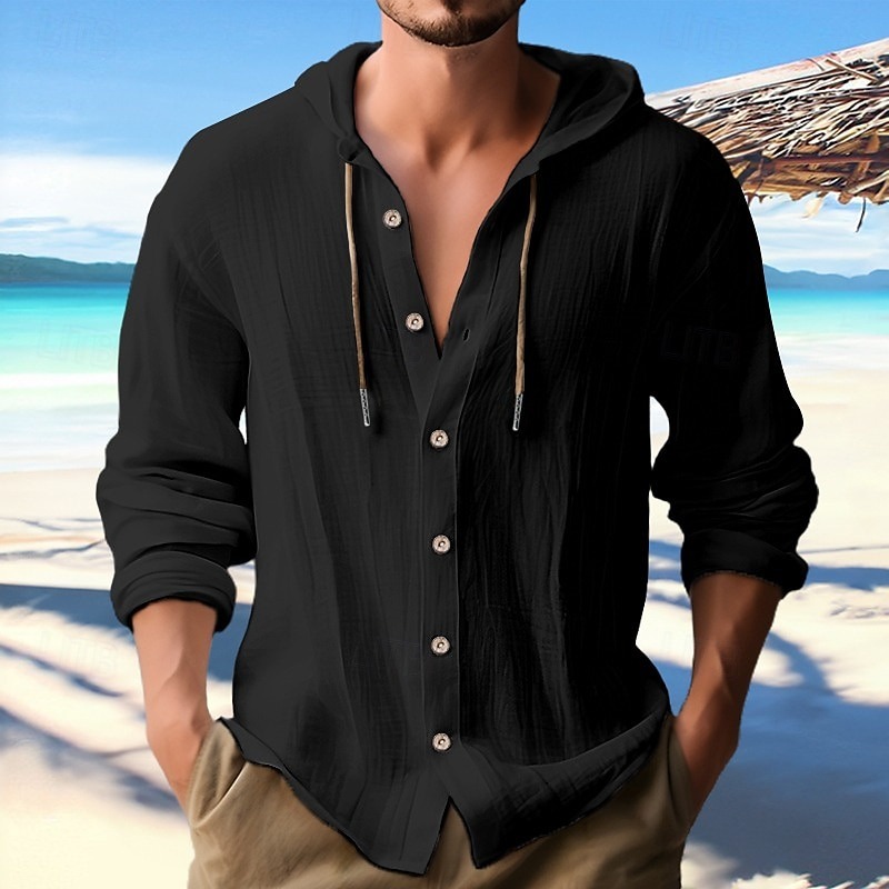 Men's Shirt Linen Shirt Calico Shirt Beach Wear Button Up Shirt Hooded Shirt Plain Casual Daily Black White Blue Green Long Sleeve Hooded Spring & Summer Clothing Apparel Buttons