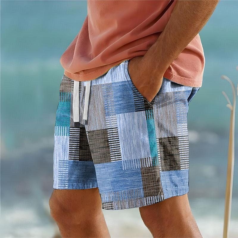 Men's Color Block Patchwork Geometry Swimming Trunks Board Shorts Swim Shorts Mid Waist Vacation Hawaiian Holiday Vacation Holiday Beach Drawstring with Mesh lining Elastic Waist Designer Clothing