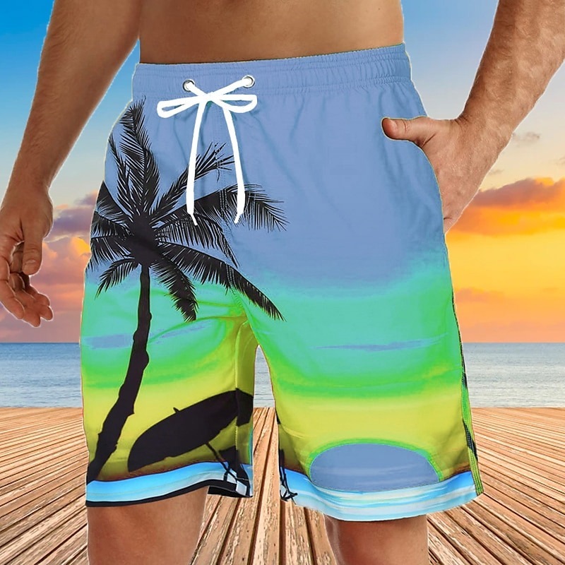 Men's Graphic Coconut Tree Swimming Trunks Board Shorts Swim Shorts Mid Waist Streetwear Hawaiian Boho Casual Daily Holiday Drawstring Elastic Waist 3D Print Designer Clothing Apparel