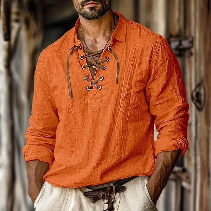 Men's Shirt Linen Shirt Viking Style Pirate Shirt Summer Shirt Beach Wear White Orange Green Light Blue Long Sleeve Solid Color Collarless Street Daily Clothing Apparel