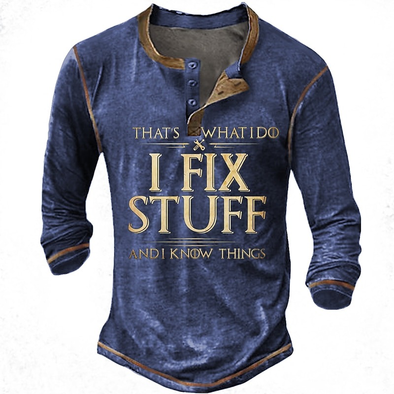 Men's Graphic Letter I Fix Stuff Henley Shirt Tee Long Sleeve 3D Print Fashion Designer Comfort Casual Daily Wear Going out Spring & Fall 1 2 3 Black Navy Blue Henley Henley T-Shirt