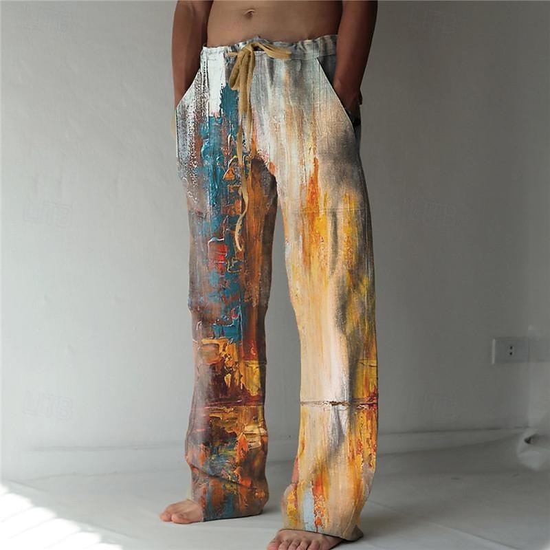 Men's Trousers Summer Pants Beach Pants Elastic Drawstring Design Front Pocket Straight Leg Graphic Prints Flame Comfort Soft Casual Daily For Vacation Linen Like Fabric Fashion Designer Yellow Blue