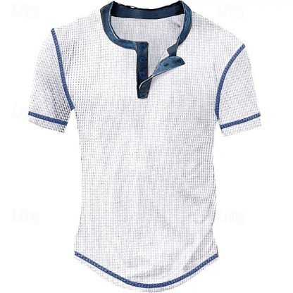 Men's Waffle Henley Shirt Tee Plaid Checkered Henley Outdoor Casual Short Sleeve Button Clothing Apparel Polyester Fashion Designer Comfortable