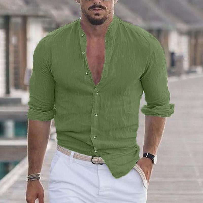Men's Shirt Band Collar Shirt Summer Shirt Beach Wear Button Up Shirt Casual Shirt Black White Pink Army Green Long Sleeve Solid Color Collar Party Hawaiian Clothing Apparel