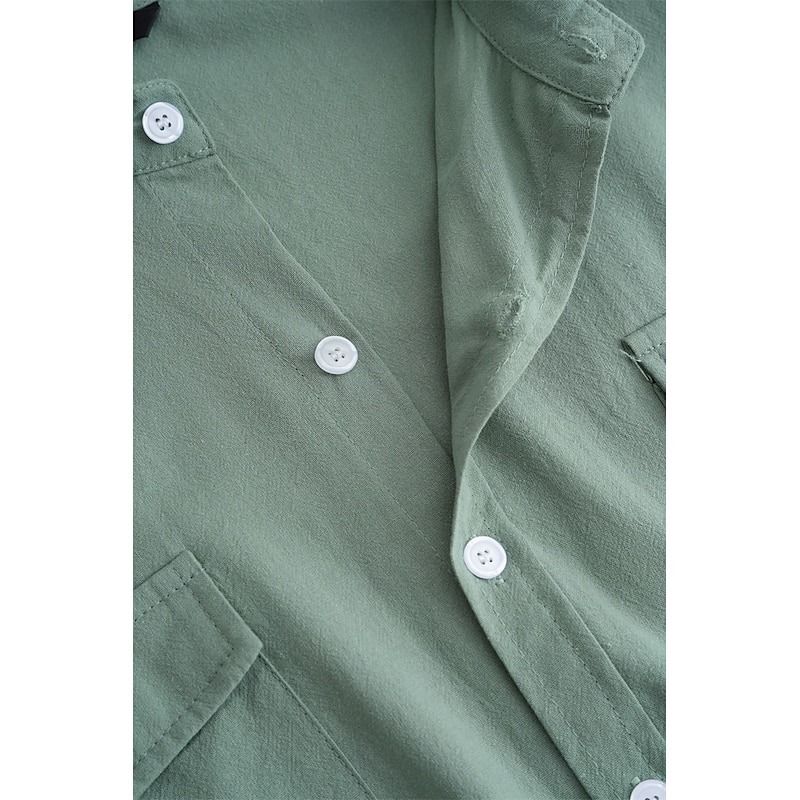 Men's Shirt Linen Shirt Summer Shirt Beach Wear Button Up Shirt Solid Color Street Daily White Blue Green Khaki Long Sleeve Fold-over Collar Clothing Apparel Pocket