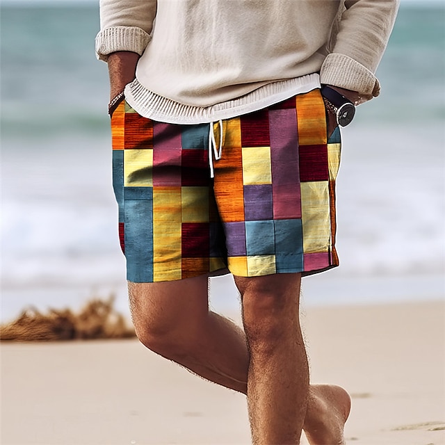Men's Color Block Patchwork Colorful Swimming Trunks Board Shorts Swim Shorts Mid Waist Hawaiian Casual Holiday Beach Drawstring with Mesh lining Elastic Waist Designer Clothing Apparel