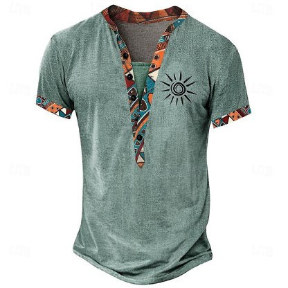 Tribal Bandana Print Designer Ethnic Men's 3D Print T shirt Tee Henley Shirt Casual Daily T shirt Yellow Brown Green Short Sleeve Standing Collar Shirt Summer Spring Clothing Apparel S M L XL XXL 3XL