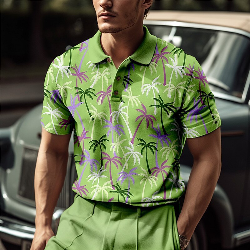 Men's Button Up Polos Lapel Polo Polo Shirt Golf Shirt Coconut Tree Graphic Prints Turndown Blue-Green Pink Blue Green Khaki Outdoor Street Short Sleeves Print Clothing Apparel Sports Fashion