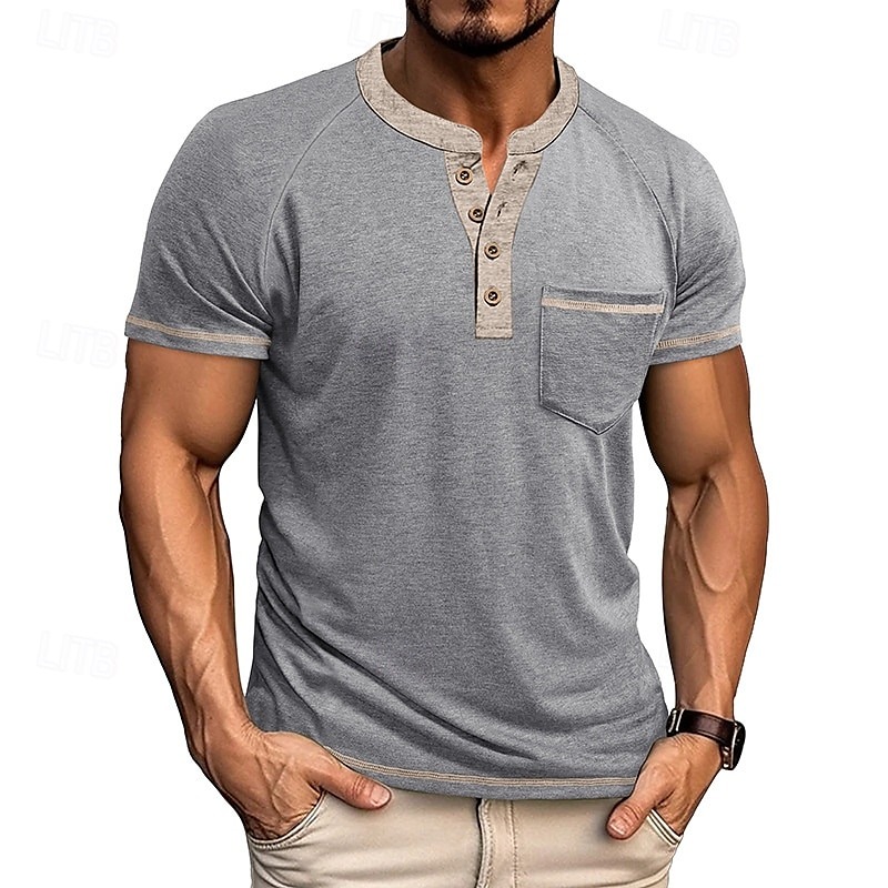 Men's T Shirt Henley Shirt Short Sleeve Shirt Tee Top Short Sleeve Henley Summer Color Block Solid / Plain Color Fashion Designer Fashion Vacation Street Going out Navy Black White Top Tee for Men