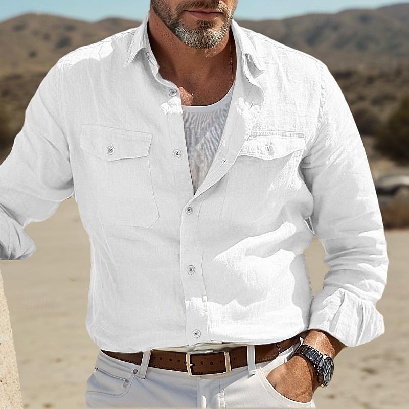 Men's Shirt Linen Shirt Summer Shirt Beach Wear Button Up Shirt Solid Color Street Daily White Blue Green Khaki Long Sleeve Fold-over Collar Clothing Apparel Pocket