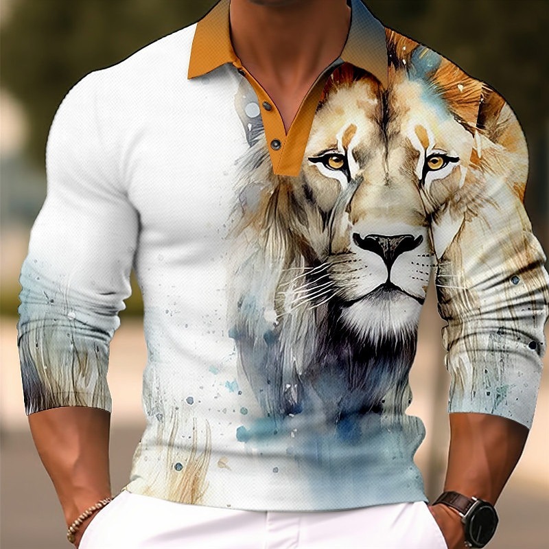 Men's Lion Polo Shirts Golf Shirt Long Sleeve Polo Shirts Collared Shirts Casual Funny Streetwear Vacation Wear Party Outfits Buttons 3D Print Yellow Red Blue