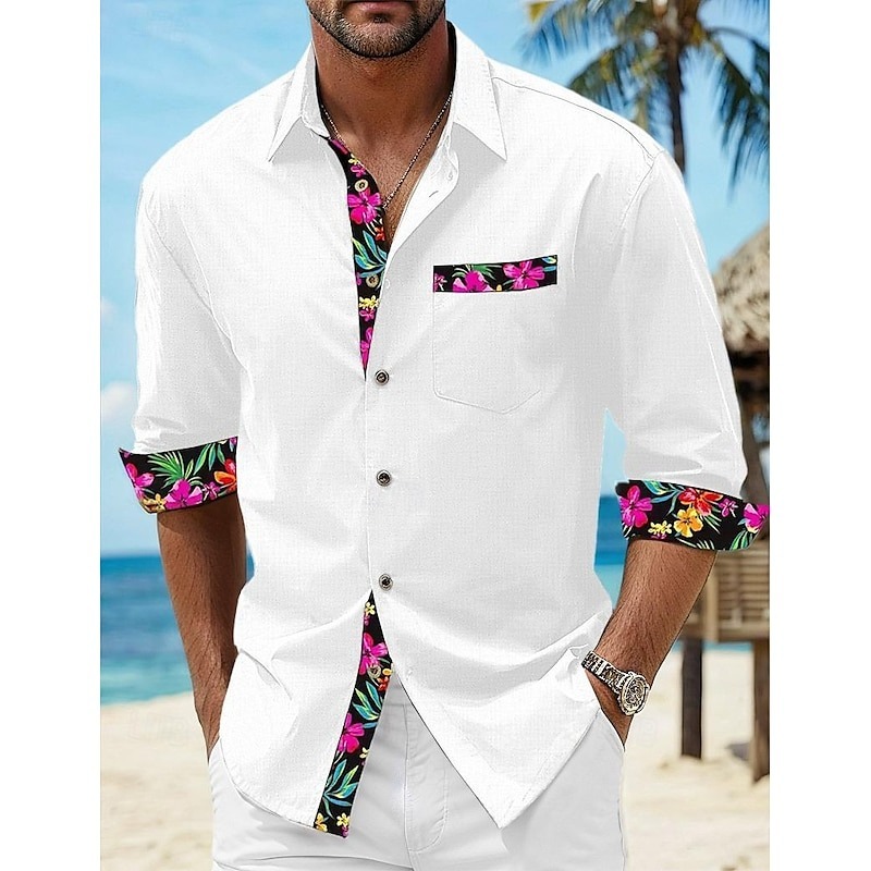 Men's Shirt Linen Shirt Summer Shirt Beach Wear Button Up Shirt Floral Vacation Curise Black White Pink Blue Long Sleeve Lapel Spring & Fall Clothing Apparel Splice