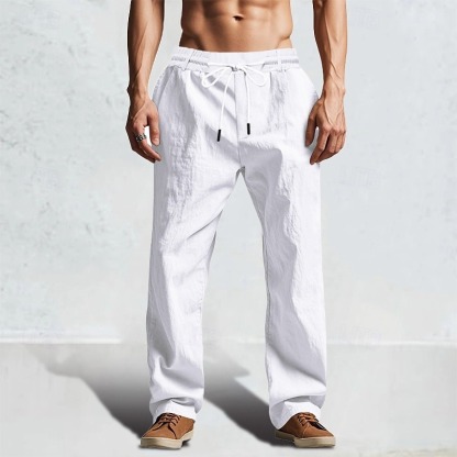 Men's Linen Pants Trousers Summer Pants Beach Pants Drawstring Elastic Waist Straight Leg Plain Comfort Breathable Full Length Casual Daily Holiday Fashion Classic Style Black White