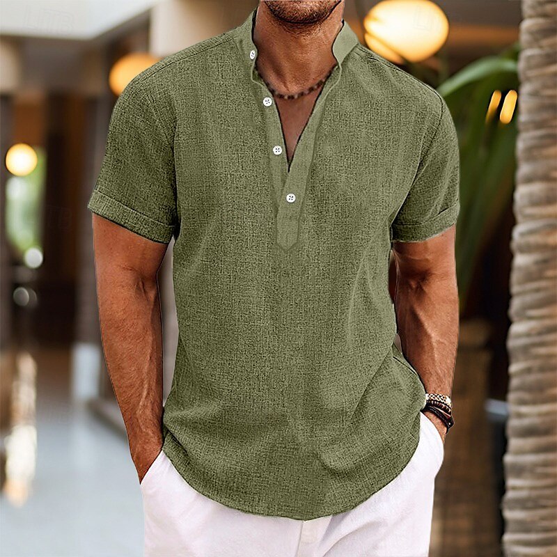 Men's Shirt Linen Shirt Band Collar Shirt Popover Shirt Summer Shirt Beach Wear Plain Casual Daily Black White Pink Green Short Sleeve Henley Summer Clothing Apparel