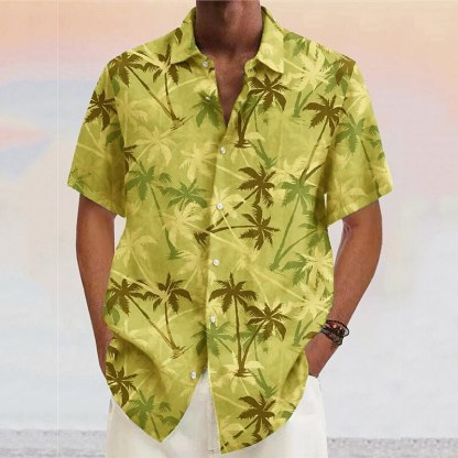 Men's Shirt Coconut Tree GraphicTurndown Yellow Pink Wine Navy Blue Blue Outdoor Street Short Sleeves Print Clothing Apparel Fashion Designer Casual Soft
