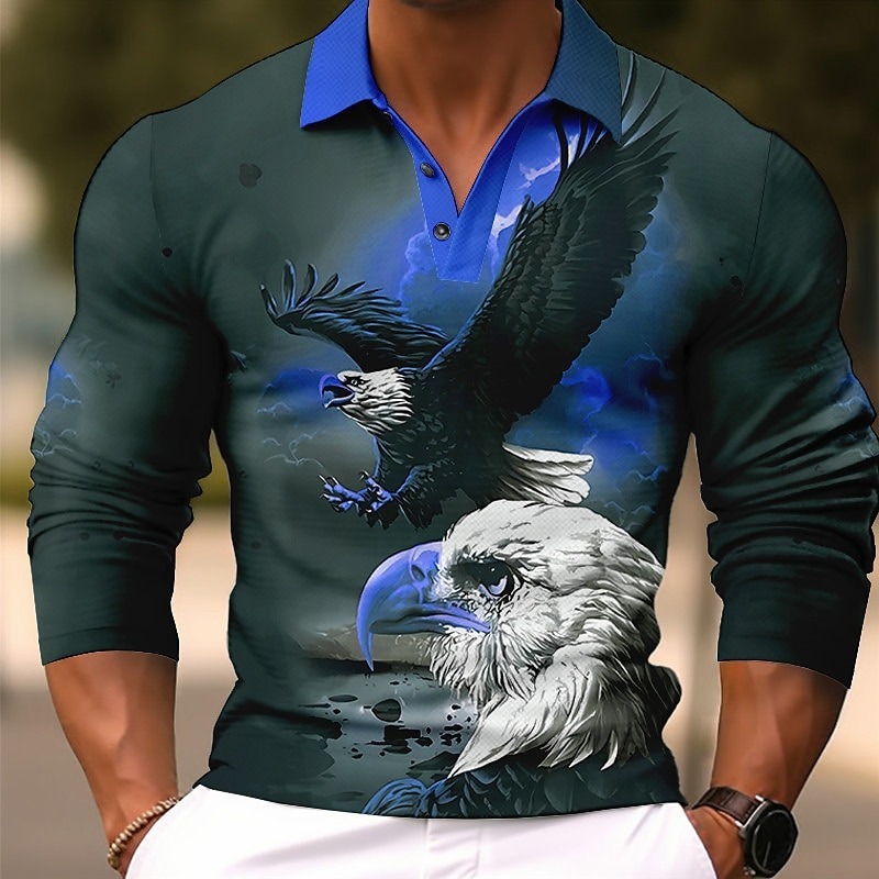 Men's Eagle Polo Shirts Golf Shirt Long Sleeve Polo Shirts Collared Shirts Casual Funny Streetwear Vacation Wear Party Outfits Buttons 3D Print Blue Orange Green