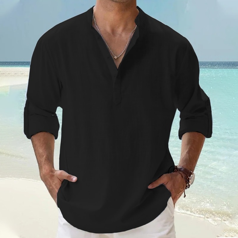 Rhyvra Cotton Linen Plain Color Casual Light Blue Regular Fit Long Sleeve Shirt Hawaiian Shirts For Men