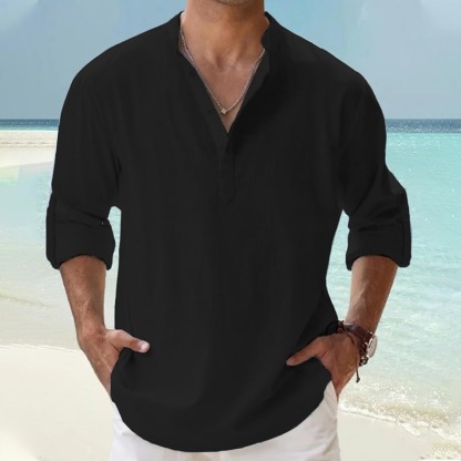 Rhyvra Cotton Linen Plain Color Casual Light Blue Regular Fit Long Sleeve Shirt Hawaiian Shirts For Men