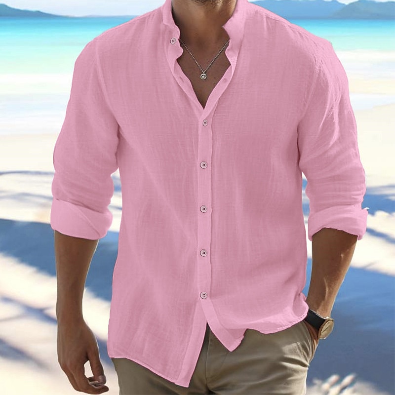 Men's Shirt Summer Shirt Beach Wear Button Up Shirt Black White Pink Red Long Sleeve Plain Band Collar Spring & Summer Casual Daily Clothing Apparel 100% Cotton