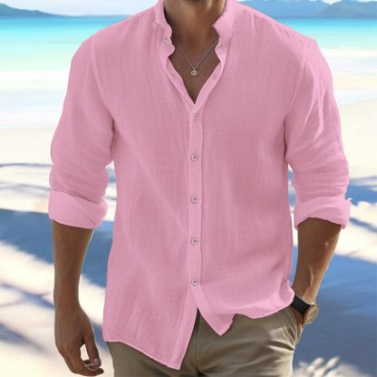 Men's Shirt Summer Shirt Beach Wear Button Up Shirt Black White Pink Red Long Sleeve Plain Band Collar Spring & Summer Casual Daily Clothing Apparel 100% Cotton