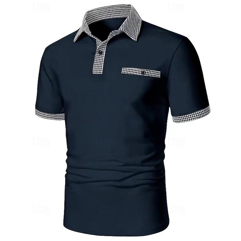 Men's Golf Shirt Golf Polo Work Casual Lapel Short Sleeve Basic Modern Color Block Houndstooth Patchwork Spring & Summer Regular Fit Black White Red Navy Blue Blue Beige Golf Shirt