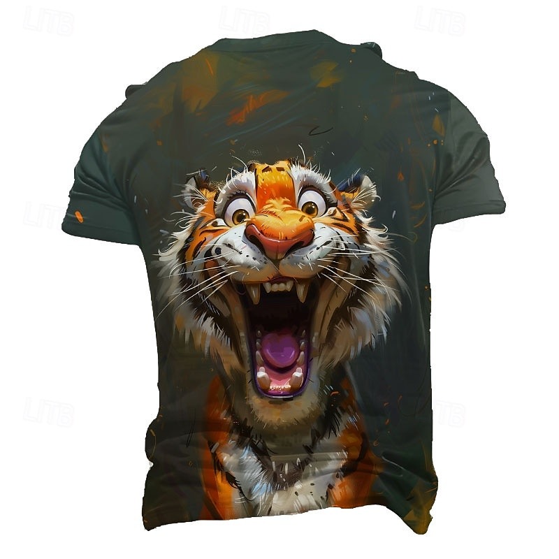 Men's Tiger Funny T Shirt Short Sleeve T shirt 3D Print Crew Neck Shirt Exaggerated Designer Party Holiday Dark Green Summer Spring Clothing Apparel S M L XL XXL XXXL
