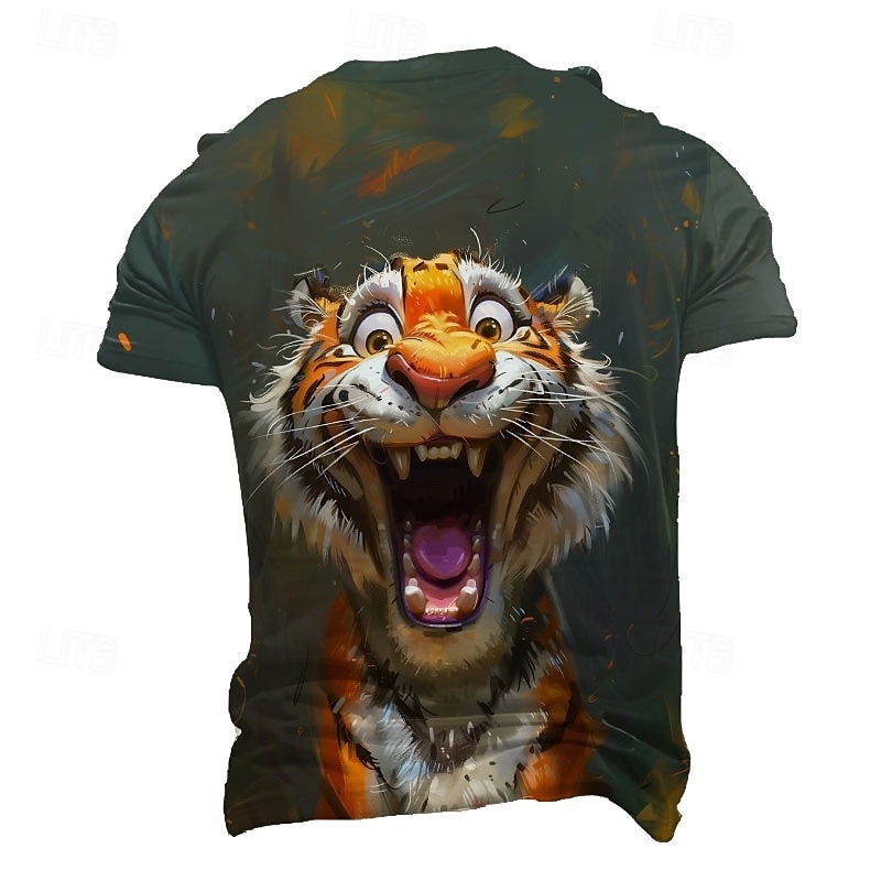 Men's Tiger Funny T Shirt Short Sleeve T shirt 3D Print Crew Neck Shirt Exaggerated Designer Party Holiday Dark Green Summer Spring Clothing Apparel S M L XL XXL XXXL