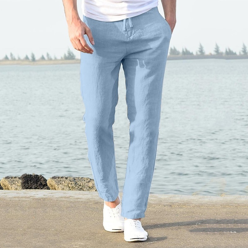 Men's Linen Pants Trousers Summer Pants Beach Pants Casual Pants Drawstring Elastic Waist Plain Breathable Lightweight Full Length Yoga Casual Daily Basic Black White