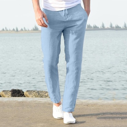 Men's Linen Pants Trousers Summer Pants Beach Pants Casual Pants Drawstring Elastic Waist Plain Breathable Lightweight Full Length Yoga Casual Daily Basic Black White
