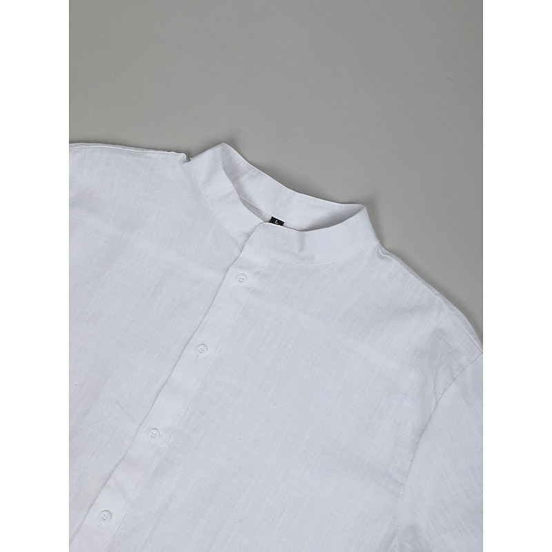 Men's Shirt Linen Shirt Band Collar Shirt Summer Shirt Beach Wear Button Up Shirt Plain Casual Daily Black White Blue Orange Short Sleeve Band Collar Summer Clothing Apparel