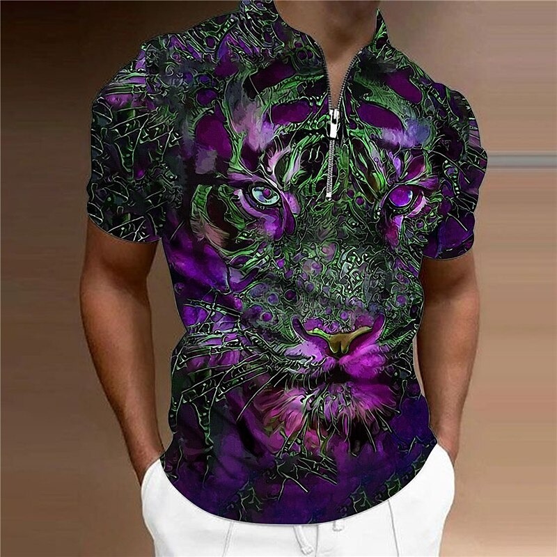Men's Tiger Zip Polo Shirts Golf Shirt Short Sleeve Polo Shirts Collared Shirts Casual Funny Streetwear Vacation Wear Party Outfits 3D Print Quarter Zip Polo Pink Blue Green