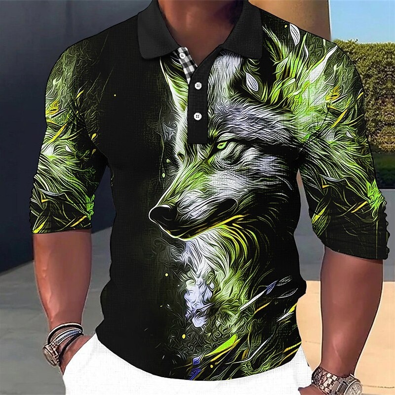 Men's Wolf Polo Shirts Golf Shirt Long Sleeve Polo Shirts Collared Shirts Casual Funny Vacation Wear Party Outfits Buttons 3D Print Red Blue Green