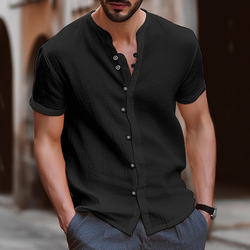 Men's Shirt Linen Shirt Band Collar Shirt Summer Shirt Beach Wear Button Up Shirt Plain Casual Daily Black White Blue Khaki Short Sleeve Band Collar Summer Clothing Apparel