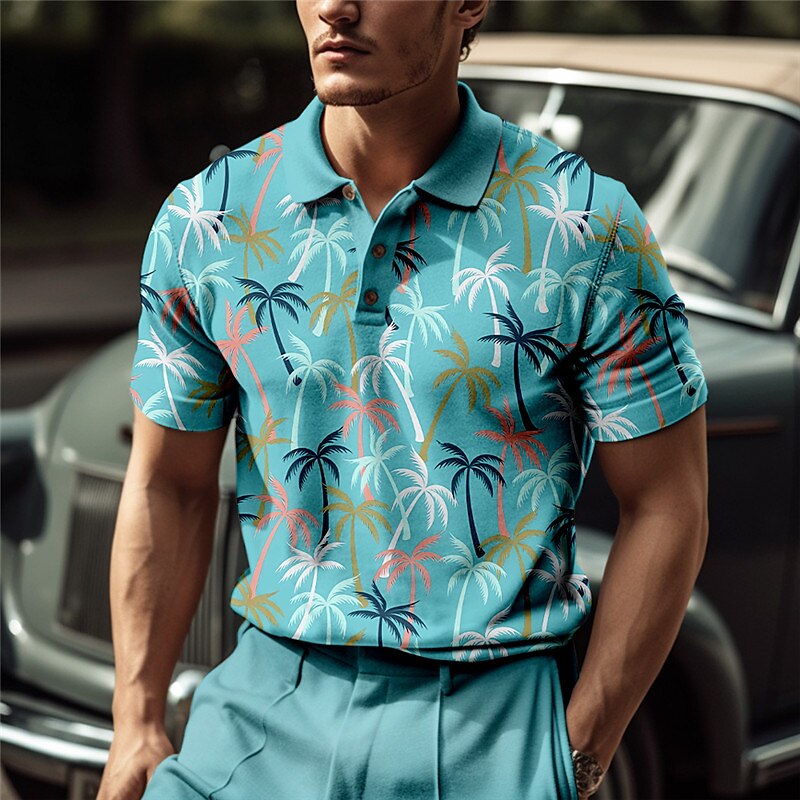 Men's Button Up Polos Lapel Polo Polo Shirt Golf Shirt Coconut Tree Graphic Prints Turndown Blue-Green Pink Blue Green Khaki Outdoor Street Short Sleeves Print Clothing Apparel Sports Fashion