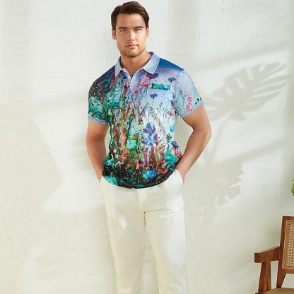 Men's Graphic Prints Waffle Polo Shirts Polo Shirts Lapel Polo Button Up Polos Golf Shirt Short Sleeve Shirt Turndown Outdoor Street Blue-Green Blue Purple Orange Green Print Clothing Apparel Fashion