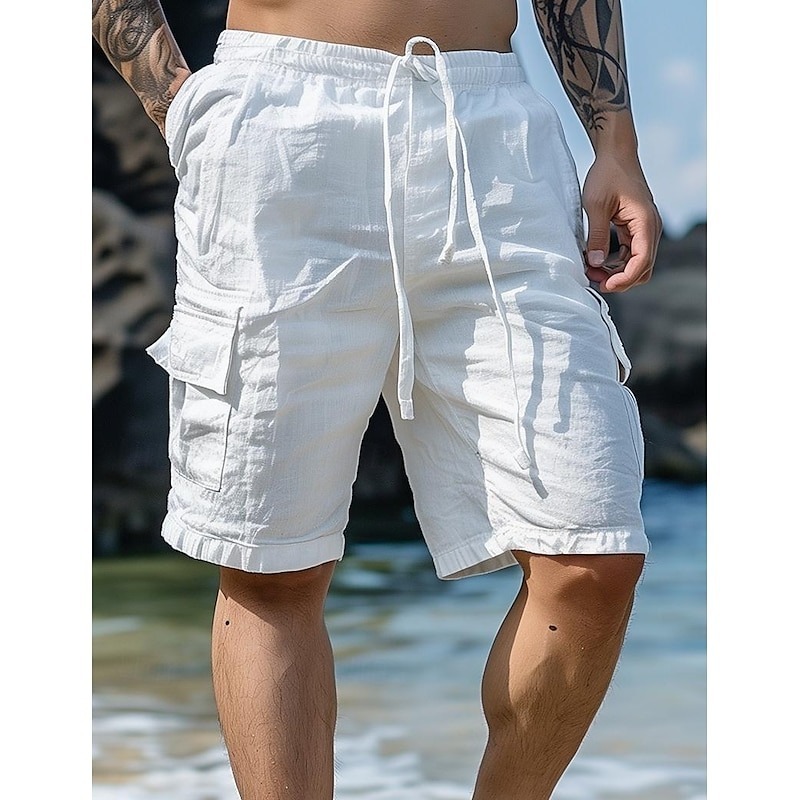 Men's Shorts Linen Shorts Summer Shorts Beach Shorts Drawstring Elastic Waist Multi Pocket Plain Knee Length Outdoor Beach Hawaiian Casual Black Inelastic
