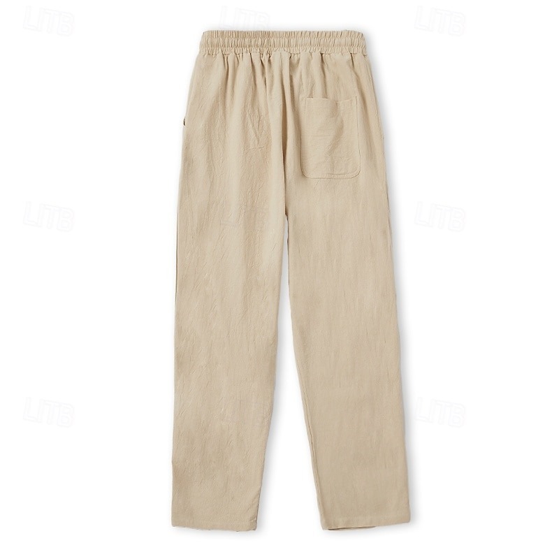 Men's Linen Pants Trousers Summer Pants Beach Pants Drawstring Elastic Waist Straight Leg Plain Comfort Breathable Casual Daily Holiday Fashion Classic Style Light Khaki Black